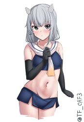  1girl black_gloves blue_skirt cowboy_shot crop_top elbow_gloves embarrassed fake_horns gloves grey_eyes grey_hair grey_neckerchief hair_ornament highres horned_headwear horns i-201_(kancolle) kantai_collection long_hair looking_at_viewer neckerchief nontraditional_school_swimsuit pencil_skirt sailor_collar school_swimsuit skirt solo sweatdrop swimsuit tf_cafe twitter_username white_background white_neckerchief white_sailor_collar x_hair_ornament 