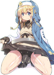  1boy bike_shorts black_gloves blonde_hair blue_eyes blush bridget_(guilty_gear) bulge closed_mouth clothes_lift covered_penis covered_testicles fingerless_gloves gloves guilty_gear guilty_gear_strive hood hood_up jacket kanibasami kneeling lifted_by_self long_hair long_sleeves looking_at_viewer male_focus shorts simple_background skirt skirt_lift smile solo sweat testicles thighs trap white_background 