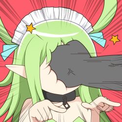  1boy 1girl anger_vein black_souls blue_bow bow chain collar emphasis_lines face_punch green_hair green_leotard grimm_(black_souls) hair_bow in_the_face leaf_(black_souls) leotard long_hair maid_headdress pointing pointing_to_the_side pointy_ears punching red_background sidelocks simple_background udododo veins very_long_hair 