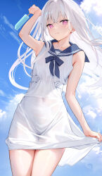  1girl arm_up blue_sky blush closed_mouth cloud cloudy_sky covered_navel day dress flat_chest food highres holding holding_food licking_lips long_hair looking_at_viewer mignon neckerchief original outdoors pink_eyes popsicle sailor_collar sailor_dress see-through shiro-chan_(mignon) sky sleeveless sleeveless_dress smile solo standing tongue tongue_out wet wet_clothes wet_dress white_dress white_hair  rating:Sensitive score:43 user:danbooru