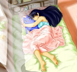  1girl alarm_clock azumanga_daiou bare_shoulders barefoot bed bedroom black_hair blanket blue_tank_top breasts chunpai clock closed_eyes commentary curled_up curtains drawer feet from_above full_body hair_spread_out hugging_object long_hair lying medium_breasts mihama_chiyo&#039;s_father nekokoneko on_bed on_side pillow plant potted_plant sakaki_(azumanga_daioh) sleeping sleeveless soles solo stuffed_animal stuffed_cat stuffed_toy tank_top toes very_long_hair wind window windowsill 