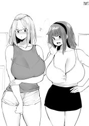 +++ 2girls bangs_pinned_back bare_shoulders black_skirt blush borrowed_character bra bra_visible_through_clothes bralines breasts cleavage collarbone commentary cowboy_shot crossover curvy embarrassed english_commentary facing_viewer folded_hair glasses greyscale hair_pulled_back hairband hand_on_own_hip happy highres holding_own_arm huge_breasts inne_sulistya_robin large_breasts legs_together long_hair looking_at_viewer miniskirt monochrome multiple_girls norman_maggot open_hand open_mouth original rina_atherina see-through short_shorts shorts skirt smile standing sweatdrop talking tank_top thighs underwear rating:Questionable score:49 user:danbooru