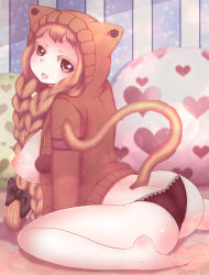  1girl animal_ears ass barefoot black_bow black_panties bow braid breasts brown_hair butt_crack cat_ears cat_tail hair_bow hair_ornament hood hooded_sweater jacket large_breasts long_hair looking_at_viewer nipples open_clothes open_jacket open_mouth original panties parted_lips puffy_nipples red_eyes ruri_yuu sitting solo sweater tail twin_braids underwear wariza 