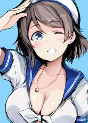  1girl blue_background blue_eyes breasts brown_hair cleavage collarbone commentary_request earrings gengoroh hair_between_eyes hat jewelry looking_at_viewer love_live! love_live!_sunshine!! necklace one_eye_closed open_mouth sailor_collar sailor_hat sailor_shirt salute shirt short_hair short_sleeves simple_background smile solo teeth upper_body watanabe_you  rating:Sensitive score:7 user:danbooru