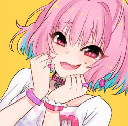  1girl ahoge bangle bracelet collar commentary earrings fang frilled_wristband hair_intakes hands_up heart-shaped_lock idolmaster idolmaster_cinderella_girls jewelry multicolored_hair open_mouth pill_earrings pill_ring pink_collar raised_eyebrows ring shirt simple_background skeleton_print smile solo star_(symbol) star_in_eye sukoyaka_(100hituzi) symbol_in_eye two-tone_hair white_shirt yellow_background yumemi_riamu 