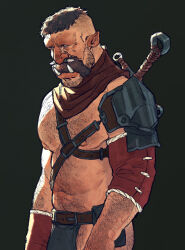 1boy adoptable armor bara bare_pectorals beard_stubble belly blank_eyes cowboy_shot extra_tusks facial_hair hairy highres large_pectorals long_mustache male_focus mercenary monster_boy muscular muscular_male navel navel_hair nipples orc original pectorals pointy_ears roamingthrough1 short_hair solo standing stomach stubble thick_arm_hair thick_ass_hair thick_chest_hair thick_leg_hair thick_mustache tusks ugly_man undercut very_hairy weapon weapon_on_back