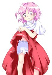  1girl bloomers clothes_lift dress dress_lift feet_out_of_frame legs_apart lifted_by_self looking_at_viewer nonamejd official_style parted_bangs pink_eyes pink_hair red_dress sara_(touhou) short_hair simple_background single_horizontal_stripe solo standing touhou touhou_(pc-98) underwear white_background white_bloomers zun_(style) 