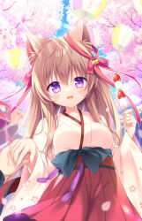  1boy 1girl :d animal_ear_fluff animal_ears bell black_bow bow branch breasts brown_hair cherry_blossoms commentary_request day ear_bow flower food fruit hair_between_eyes hakama hakama_skirt highres holding holding_food japanese_clothes jingle_bell kimono long_hair long_sleeves marshmallow medium_breasts mito_mashiro obi open_mouth outdoors pink_flower purple_eyes red_bow red_hakama ryuuka_sane sash skirt smile solo_focus strawberry tayutama very_long_hair white_kimono wide_sleeves 