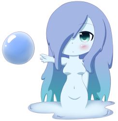  1girl artist_name blue_eyes blue_hair blue_skin blush breasts bubble chibi colored_skin flakykuun hair_over_one_eye matching_hair/eyes mon-musu_quest! monster_girl navel no_nipples one_eye_covered parted_bangs pokumii reaching reaching_towards_viewer sidelocks slime_girl solo transparent_background undine_(mon-musu_quest!) 