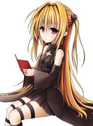 10s 1girl bad_id bad_pixiv_id black_dress blonde_hair book brown_eyes cleavage_cutout clothing_cutout dress hair_between_eyes hair_ornament highres holding holding_book kaieee konjiki_no_yami long_hair looking_at_viewer one_side_up simple_background sitting solo star_cutout to_love-ru to_love-ru_darkness white_background rating:Sensitive score:6 user:danbooru
