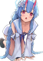 1girl :o absurdres all_fours black_socks blue_archive blue_hair blue_halo blue_neckerchief blush braid breasts bridal_gauntlets chestnut_mouth chise_(blue_archive) cleavage collarbone detached_sleeves downblouse flower hair_between_eyes hair_flower hair_ornament halo head_tilt highres horns long_hair long_sleeves looking_at_viewer neckerchief no_shoes oni_horns open_mouth raised_eyebrows red_eyes red_horns ryh4 sailor_collar sidelocks simple_background sleeveless sleeves_past_wrists small_breasts socks solo twin_braids very_long_hair white_background white_sailor_collar white_sleeves rating:Sensitive score:22 user:Sir_Cumalot