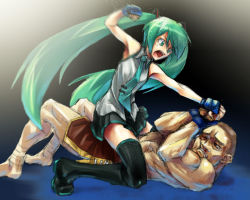 1boy 1girl armpits beating blood breasts bruise fighting fingerless_gloves girl_on_top gloves green_eyes green_hair hatsune_miku injury long_hair miniskirt mixed_martial_arts motion_blur mounted_punching necktie open_mouth pain punching screaming skirt small_breasts straddling sweat thighhighs thighs tsuki_hiro twintails very_long_hair vocaloid rating:Sensitive score:10 user:danbooru