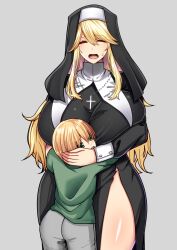  1boy 1girl absurdres age_difference breasts cleavage highres huge_breasts nun onee-shota shota smile  rating:Explicit score:61 user:Arceous