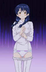  absurdres blue_hair blush braid chef clothes_pull diaper embarrassed gradient_background highres nervous pants pants_pull shokugeki_no_souma tadokoro_megumi twin_braids twintails yellow_eyes  rating:Questionable score:36 user:AmasawaSeiji