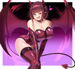  1girl ;d bat_wings black_horns black_tail breasts demon_girl demon_horns demon_tail demon_wings elbow_gloves fangs gloves heart highres horns ibusuki large_breasts looking_at_viewer one_eye_closed open_mouth original pink_eyes pointy_ears smile solo tail wings 