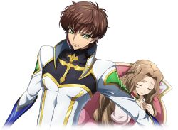  1boy 1girl arm_at_side artist_request blue_gloves bodysuit brown_hair choker closed_eyes closed_mouth code_geass code_geass:_lost_stories collarbone covered_collarbone cropped_torso dutch_angle earpiece game_cg gloves gold_trim green_eyes hair_intakes half_up_braid hands_up high_collar kururugi_suzaku long_hair looking_at_viewer non-web_source nunnally_vi_britannia official_art on_chair outstretched_arm own_hands_together protecting purple_choker raised_eyebrows serious short_hair sidelocks simple_background sitting standing transparent_background u_u upper_body v-shaped_eyebrows white_bodysuit  rating:General score:2 user:AngryZapdos