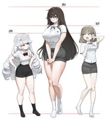  3girls blush bow bowtie breasts curly_hair ghdwid hair_between_eyes tucking_hair hand_on_own_hip height_chart height_comparison height_conscious height_difference highres large_breasts long_hair medium_breasts multiple_girls nervous_sweating open_mouth original pencil_skirt school_uniform shirt_tucked_in skirt socks standing sweat  rating:General score:22 user:BeefyLeafy69