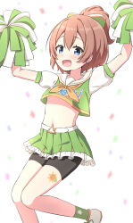  1girl arms_up bike_shorts black_shorts blue_eyes blurry blurry_background blush bow brown_hair brown_neckerchief cheerleader commentary_request confetti crop_top depth_of_field feet_out_of_frame green_shirt green_skirt green_socks hair_between_eyes hair_bow high_ponytail highres hinata_chinatsu midriff navel neckerchief ongeki pleated_skirt pom_pom_(cheerleading) ponytail puffy_short_sleeves puffy_sleeves sailor_collar shirt shoes short_sleeves shorts simple_background skirt socks solo striped_bow takasuma_hiro white_background white_footwear white_sailor_collar 