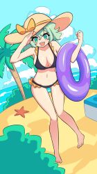  1girl :d absurdres bare_arms bare_legs bare_shoulders barefoot beach bikini black_bikini blue_sky bow breasts cleavage cloud collarbone commentary cumulonimbus_cloud curvy day english_commentary frilled_bikini frills full_body gluteal_fold green_eyes green_hair halo halterneck hands_up happy hat hat_bow highres holding holding_swim_ring innertube knees_together_feet_apart koishi_day large_breasts looking_at_viewer navel ocean open_mouth orange_bow outdoors purple_innertube shading_eyes shiny_skin short_hair skindentation sky smile smug_suriipi solo standing starfish swim_ring swimsuit teeth thighs upper_teeth_only yellow_halo yellow_hat 