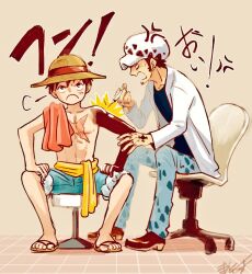  2boys anger_vein black_hair blue_shorts commentary_request denim frown hand_tattoo hands_on_own_thighs hat holding holding_syringe jeans magu_pink male_focus monkey_d._luffy multiple_boys on_chair one_piece pants profile puff_of_air sandals sash scar scar_on_chest scar_on_face short_hair shorts sideburns signature straw_hat syringe tattoo trafalgar_law unworn_shirt yellow_sash 