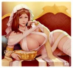  1girl bad_id bad_tumblr_id bowl breasts brown_hair cleavage couch cum cum_in_bowl cum_in_container cum_in_mouth dark_souls_(series) dark_souls_i detached_sleeves gokkun large_breasts looking_at_viewer lying materclaws on_side queen_of_sunlight_gwynevere shawl smile solo  rating:Explicit score:123 user:danbooru