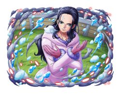  1girl black_hair blue_eyes blush closed_mouth coat commentary crossed_arms english_commentary fur-trimmed_coat fur_trim gloves hood hood_down long_hair long_sleeves looking_at_viewer nico_robin official_art one_piece one_piece_treasure_cruise pink_coat pink_gloves solo 