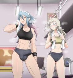 1futa 1girl abs absurdres blonde_hair blue_hair blush breasts bulge buruma closed_eyes closed_mouth commission commissioner_upload dumbbell fire_emblem fire_emblem_fates futa_with_female futanari gluteal_fold gradient_hair grey_eyes gym hair_between_eyes hair_ornament heavy_breathing highres indoors large_breasts lights long_hair looking_at_another lunaxd multicolored_hair multiple_girls navel nintendo open_mouth ophelia_(fire_emblem) pink_hair poster precum precum_through_clothes railing shorts soleil_(fire_emblem) sports_bra steaming_body sweat testicles toned_female towel towel_around_neck very_long_hair white_towel wristband