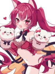  1girl absurdres black_bow blush bow cerberus_(shingeki_no_bahamut) eyelashes fang hand_puppet heart highres karunabaru long_hair looking_at_viewer navel open_mouth panties puppet red_eyes red_hair red_panties red_shirt revealing_clothes shingeki_no_bahamut shirt solo twintails underwear very_long_hair white_background 