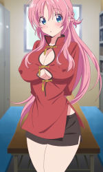  1girl :o absurdres arms_behind_back blue_eyes blush braid breasts bursting_breasts chinese_clothes cleavage covered_erect_nipples dress french_braid highres indoors large_breasts long_hair looking_at_viewer megami-ryou_no_ryoubo-kun no_bra open_mouth pink_hair red_dress saotome_atena screencap sidelocks solo standing stitched thighs third-party_edit window  rating:Sensitive score:58 user:PuttHutt