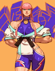  1girl aqua_eyes arms_behind_back bodysuit breasts cromwaits deltoids dougi facing_viewer flipped_hair gluteal_fold graffiti highres hip_vent large_breasts lips manon_legrand martial_arts_belt medal medallion off_shoulder panty_straps pink_hair purple_bodysuit short_hair_with_long_locks solo spandex standing street_fighter street_fighter_6 thick_thighs thighs toned wristband 