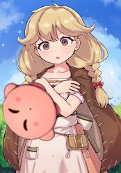  1girl absurdres anti-kirby blonde_hair blush braid brown_eyes brown_hair cameo cape close-up commission dress faye_(fire_emblem) fire_emblem fire_emblem_echoes:_shadows_of_valentia highres holding jewelry kirby_(series) kutabireta_neko long_hair low-braided_long_hair low-tied_long_hair nintendo open_mouth sky solid_oval_eyes sparkle surprised the_legend_of_zelda the_legend_of_zelda:_link&#039;s_awakening twin_braids 