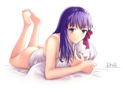 1girl artist_name ass barefoot blush bottomless camisole closed_mouth eyebrows fate/stay_night fate_(series) feet full_body hair_ribbon long_hair looking_at_viewer lying matou_sakura no_pupils on_bed on_stomach pillow purple_eyes purple_hair ribbon rna_(angel-smelter) signature smile soles solo the_pose white_background rating:Sensitive score:11 user:danbooru