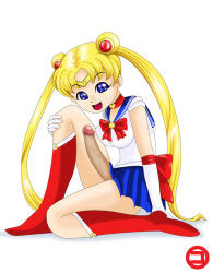  1girl :d bishoujo_senshi_sailor_moon blonde_hair blue_eyes blue_skirt boots bow breasts censored choker crescent double_bun elbow_gloves erection from_side futanari gloves hair_bun hair_intakes hair_ornament heart heart_choker knee_boots large_penis leotard long_hair looking_at_viewer marukodoo on_one_knee open_mouth penis precum red_bow red_choker red_footwear sailor_collar sailor_moon skirt smile solo tiara tsukino_usagi twintails very_long_hair white_background white_gloves white_leotard  rating:Explicit score:2 user:Floater