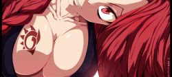 1girl breast_tattoo breasts cleavage collarbone fairy_tail flare_corona grin highres i-azu large_breasts mashima_hiro red_eyes red_hair smile solo tattoo rating:Sensitive score:157 user:TiTaNz