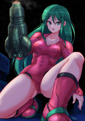  1girl abs arm_cannon breasts cannon cleavage collarbone covered_abs covered_navel directed-energy_weapon energy_cannon energy_weapon green_eyes green_hair hair_between_eyes highres justin_bailey large_breasts leotard long_hair long_sleeves looking_at_viewer medium_breasts metroid mole mole_under_mouth navel nintendo on_one_knee open_mouth red_footwear red_leotard samus_aran sidelocks signature solo space wakaba_(wata_ridley) weapon 