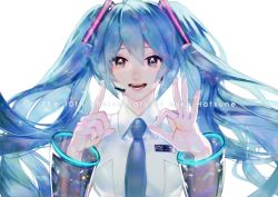  1girl anniversary blue_eyes blue_hair detached_sleeves floating_hair hatsune_miku headphones headset long_hair looking_at_viewer nail_polish necktie open_mouth otani_(gloria) solo twintails very_long_hair vocaloid  rating:Sensitive score:5 user:Touchtail