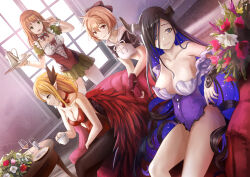  4girls absurdres bernie_(brown_dust) black_hair black_jacket black_ribbon blonde_hair blue--line blue_eyes blue_hair breasts broken_horn brown_dust_2 brown_eyes brown_hair brown_thighhighs cleavage closed_mouth colored_inner_hair corset crop_top cropped_jacket cup curly_hair demon_girl drinking_glass eclipse_(brown_dust_2) elin_(brown_dust) elise_(brown_dust_2) eyebrows_hidden_by_hair flower frilled_wrist_cuffs frills glass gloves green_eyes green_skirt hair_ribbon highres holding holding_tray horn_ornament horn_ring horns jacket large_breasts large_ribbon leotard long_hair looking_ahead looking_at_another looking_at_viewer medium_hair multicolored_hair multiple_girls open_mouth pleated_skirt pointing pointing_up pointy_ears purple_leotard red_corset red_eyes red_gloves red_leotard ribbon saucer short_hair sitting skirt small_breasts smile tea_party teacup teapot thighhighs tray two-tone_hair very_long_hair window_shadow wine_glass wrist_cuffs 