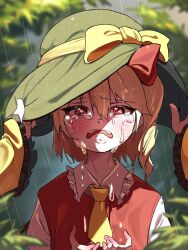  blonde_hair blurry bow crying crying_with_eyes_open depth_of_field fangs flandre_scarlet frilled_sleeves frills frown hair_bow hat hat_ribbon headwear_switch highres komeiji_koishi looking_at_viewer outdoors pov pov_hands rain red_bow red_eyes ribbon side_ponytail streaming_tears tears touhou vuluhappy wide_sleeves 