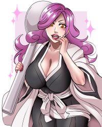  1girl artist_name bleach breasts brown_eyes cleavage dangerousbride facial_mark female_focus highres hikifune_kirio holding holding_spoon japanese_clothes kimono large_breasts long_hair mature_female open_mouth purple_hair red_nails smile solo spoon  rating:General score:20 user:DjangoUnchained_