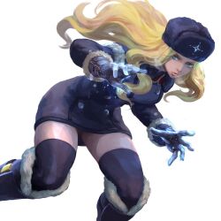  1girl black_gloves black_thighhighs blonde_hair blue_eyes boots breasts buttons coat eyebrows eyelashes fighting_stance fur_hat fur_trim gloves hat highres ice kare_ep kolin lips long_hair looking_at_viewer medium_breasts parted_lips simple_background solo standing street_fighter street_fighter_v thick_lips thick_thighs thighhighs thighs ushanka wavy_hair white_background wide_hips winter_clothes winter_coat zettai_ryouiki  rating:General score:25 user:eternalatake