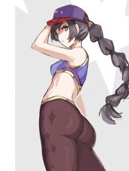  1girl :/ absurdres adapted_costume alternate_hairstyle arm_up ass baseball_cap black_hair braid braided_ponytail breasts brown_pants closed_mouth from_side genshin_impact gold_trim green_eyes hat highres jonyeld long_hair looking_at_viewer midriff mona_(genshin_impact) pants purple_hat purple_sports_bra small_breasts solo sports_bra very_long_hair yoga_pants 