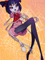  1girl :d arthropod_girl black_pantyhose black_sclera blue_hair bow colored_inner_hair colored_sclera cup extra_arms extra_eyes fangs hair_bow high_heels highres holding holding_cup holding_teapot idkuroi insect_girl looking_at_viewer monster_girl muffet multicolored_hair open_mouth orange_background pantyhose puffy_short_sleeves puffy_sleeves purple_hair red_bow red_eyes sharp_teeth short_sleeves silk smile solo spider_girl spider_web tea teacup teapot teeth two_side_up undertale 