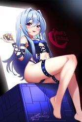  1girl absurdres arm_strap arm_up ass barefoot black_bustier black_panties blue_hair blush breasts bustier cube_x_cursed_x_curious fear_kubrick feet female_focus hair_intakes highres kiari_art legs loli long_hair looking_at_viewer mesugaki navel open_mouth panties red_eyes rubik&#039;s_cube small_breasts smile solo thigh_strap thighs toes underwear 