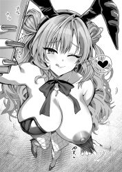  1girl animal_ears blue_archive blush breasts cellphone cleavage closed_mouth detached_collar double_bun fake_animal_ears fingernails fishnet_pantyhose fishnets from_above greyscale hair_bun heart highres holding holding_phone kirara_(blue_archive) kojima_saya large_breasts leotard long_fingernails long_hair monochrome nail_polish nipples one_eye_closed pantyhose phone playboy_bunny rabbit_ears smartphone smile solo spoken_heart strapless strapless_leotard tongue tongue_out 