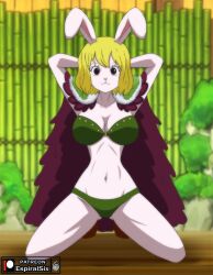  1girl animal_nose arms_behind_head arms_up artist_logo artist_name bikini blonde_hair breasts cape carrot_(one_piece) collarbone espiralsix female_focus full_body gluteal_fold green_bikini highres kneeling large_breasts legs_apart looking_at_viewer midriff navel o-ring o-ring_bikini one_piece paid_reward_available patreon_logo patreon_username purple_cape purple_eyes rabbit_ears rabbit_girl short_hair solo straight-on swimsuit thighs  rating:Sensitive score:5 user:MonsieurCinq