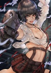  1girl black_hair blue_eyes breasts cleavage devil_may_cry devil_may_cry_(series) devil_may_cry_3 foreshortening gloves gun handgun heterochromia highres lady_(devil_may_cry) looking_at_viewer magion02 medium_breasts pleated_skirt red_eyes scar scar_on_face scar_on_nose short_hair skirt solo sweat weapon 