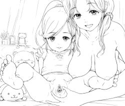  2girls age_difference barefoot bottomless breasts breasts_out censored feet female_focus full_body incest leaning_back loli looking_at_viewer lying monochrome mosaic_censoring mother_and_daughter multiple_girls nipples on_back onee-loli presenting pussy smile soles spread_legs spread_pussy stuffed_animal stuffed_toy takei_shikin toes  rating:Explicit score:369 user:Feeh