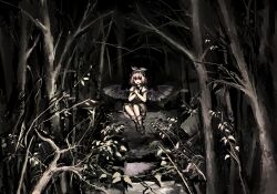  1girl bird_wings brown_dress commentary dark dress english_commentary forest highres horror_(theme) looking_at_viewer mystia_lorelei nature open_mouth own_hands_together pink_hair red_eyes short_hair sitting smile solo touhou winged_hat wings zhuxie1264852 