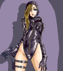  1girl artist_request asymmetrical_clothes bare_legs bodysuit brown_hair clothing_cutout diving_suit from_behind from_below gun heart holding holding_gun holding_weapon jessica_sherawat leotard lips looking_at_viewer resident_evil resident_evil:_revelations revealing_clothes shiny_clothes shiny_skin skindentation standing weapon wetsuit wide_hips 