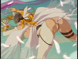 1girl all_fours anal anal_beads anal_object_insertion angel_wings angewomon ass asymmetrical_clothes blonde_hair bluethebone digimon digimon_(creature) helmet long_hair looking_at_viewer looking_back multiple_wings nipples object_insertion pussy retro_artstyle sex_toy single_leg_pantyhose solo uncensored water winged_helmet wings rating:Explicit score:221 user:danbooru